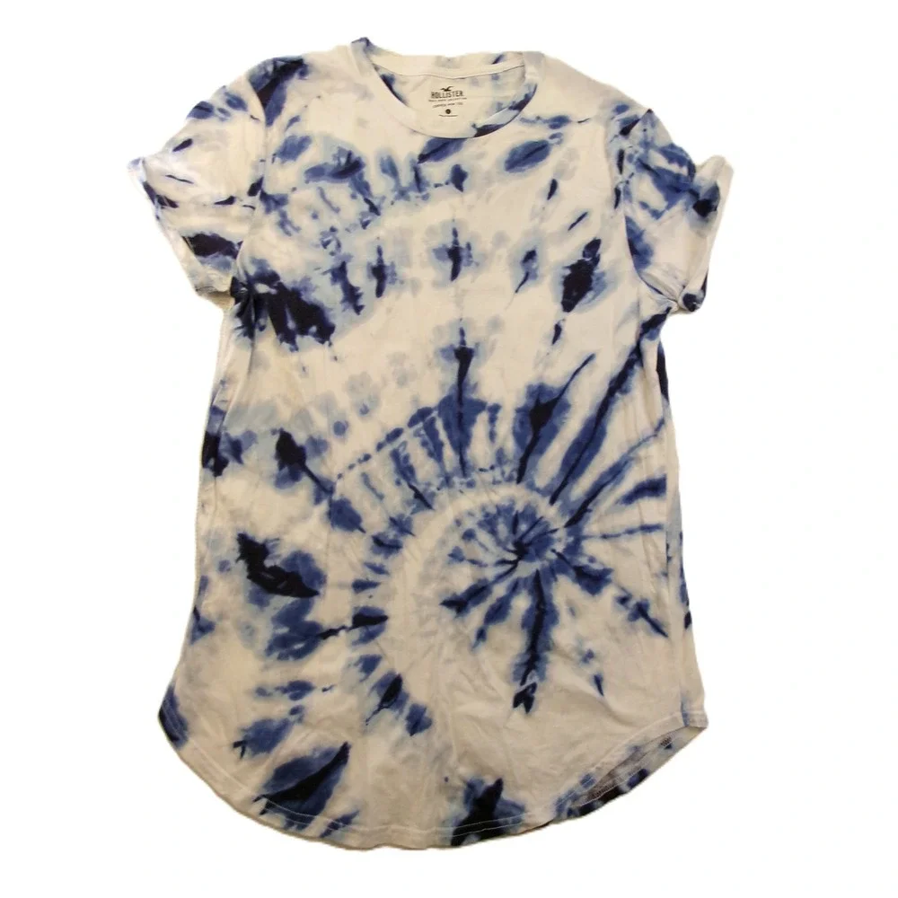 Hollister Mens Blue White Spiral Tie Dye Curved Hem Tee Shirt Large‎ L